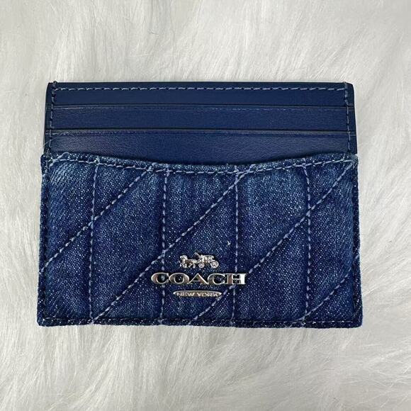 coach Slim Id Card Case With Quilting In Denim & Leather NWT CAT70 - Picture 1 of 5